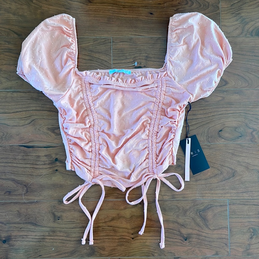 NWT Coral Pink Ruched Square Neckline Open Back Short Sleeve Shirt Crop Top